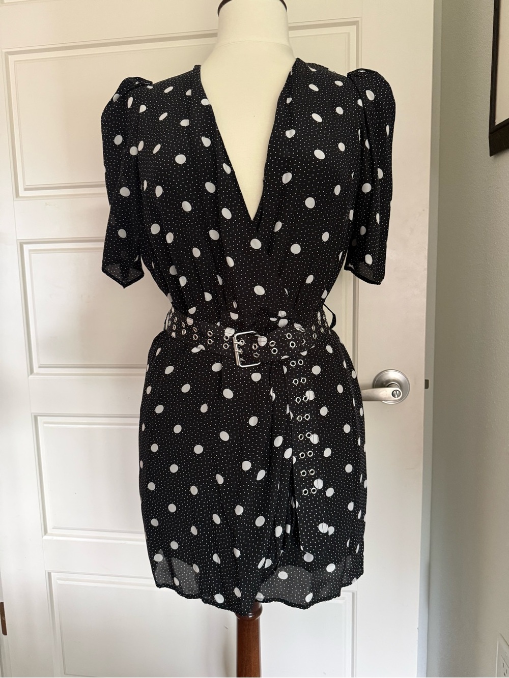The Kooples Black and White Polka Dot Mini Dress with Belt